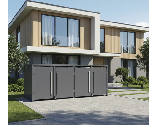 Mülltonnenbox vor modernem Haus mit Garten