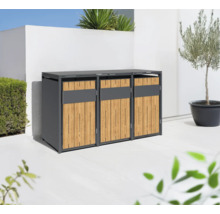 Drei Mülltonnenboxen aus grauem Metall und Holz im Aussenbereich