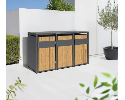 Drei Mülltonnenboxen aus grauem Metall und Holz im Aussenbereich