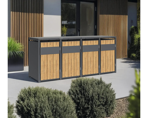 Mülltonnenbox für vier Mülltonnen aus Metall und Holz