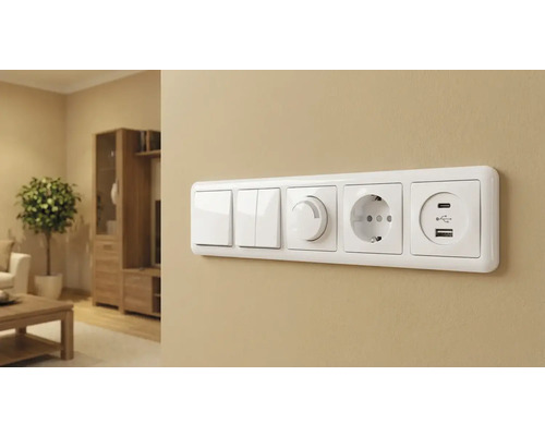 Mehrfachschalter mit Steckdose und USB-Anschluss an der Wand