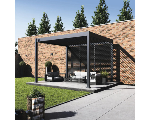 Garten Szene mit Pergola, Sitzgruppe und Rasenfläche