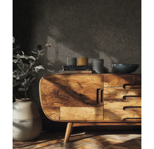 Salon avec commode en bois, livres, décoration et plante en pot