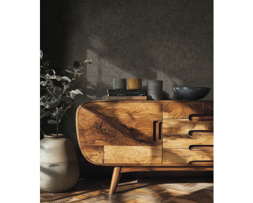 Salon avec commode en bois, livres, décoration et plante en pot