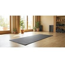 Szene mit Yoga Matte in einem hellen Raum mit Pflanzen und Holzregal.