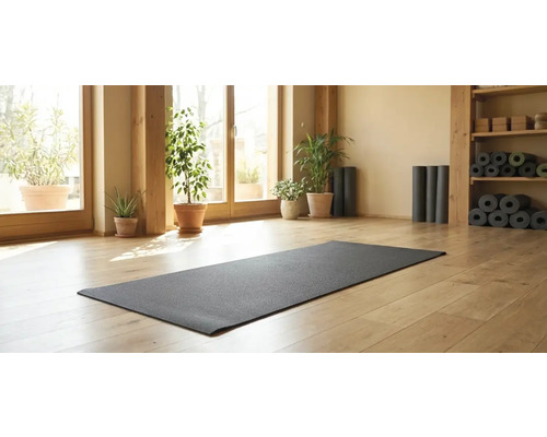 Szene mit Yoga Matte in einem hellen Raum mit Pflanzen und Holzregal.