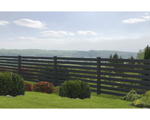 Vue de jardin avec clôture moderne pour la délimitation de la propriété.
