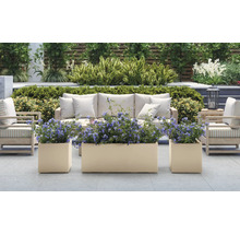 Terrasse mit Sofa, Sesseln und bepflanzten Pflanzgefäßen für den Aussenbereich.