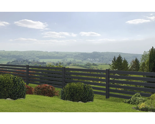 Clôture de confidentialité en plastique avec traverses dans un paysage de jardin
