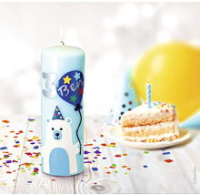 Kerze zum dritten Geburtstag mit Bär, Ballon und Kuchen