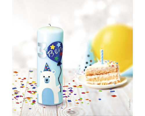 Kerze zum dritten Geburtstag mit Bär, Ballon und Kuchen