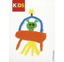 Dessin d'enfant d'un extraterrestre vert dans un vaisseau spatial sous le logo Marabu Kids