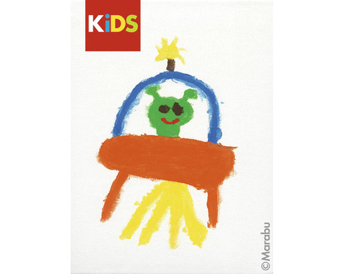 Dessin d'enfant d'un extraterrestre vert dans un vaisseau spatial sous le logo Marabu Kids