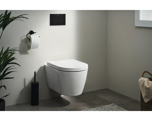 Salle de bains moderne avec WC suspendu, plaque de commande et porte-papier toilette.