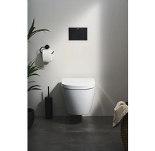 WC suspendu dans salle de bains avec plaque de commande, porte-papier toilette et plantes