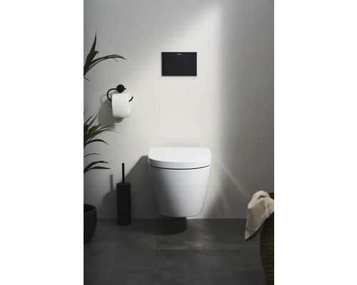 WC suspendu dans salle de bains avec plaque de commande, porte-papier toilette et plantes