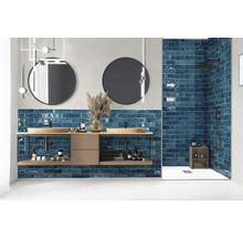 Salle de bains moderne avec lavabo, miroirs ronds et carreaux bleus