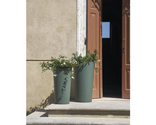 Deux bacs à plantes avec des plantes devant une porte ouverte