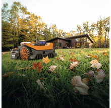 Robot tondeuse à gazon sur une pelouse devant une maison