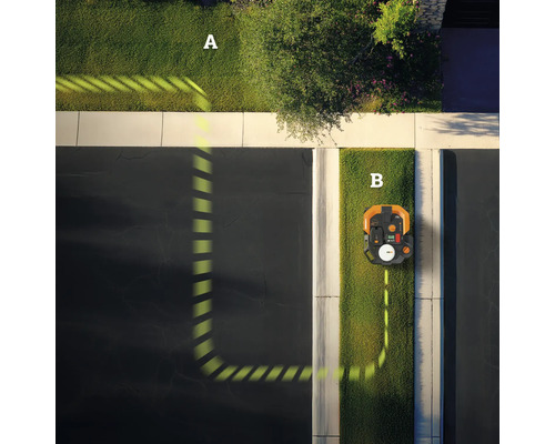 Vue de dessus d'un robot tondeuse avec câble périphérique