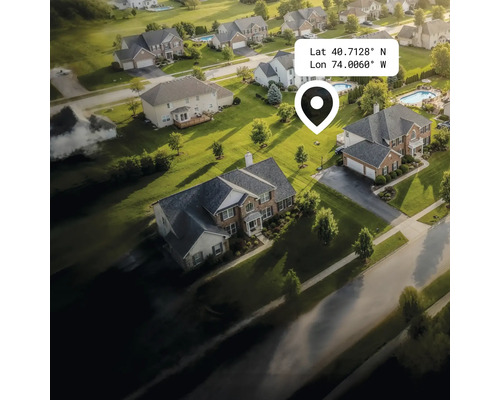 Luftaufnahme einer Wohngegend mit Häusern, Gärten und Straßen