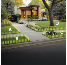 Rasenmähroboter auf Rasen vor modernem Wohnhaus