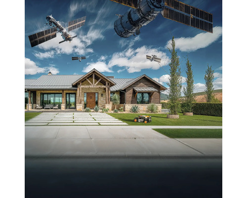 Szene eines Hauses mit einem Rasenmähroboter und Satelliten am Himmel