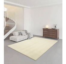 Salon avec tapis beige, canapé, commode et escalier en colimaçon