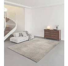 Salon lumineux avec tapis moderne, canapé et commode.