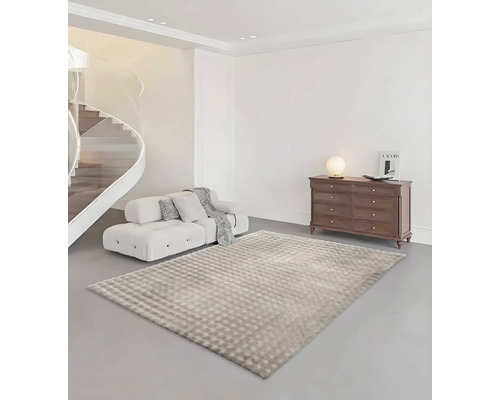 Salon lumineux avec tapis moderne, canapé et commode.