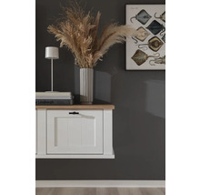 Salon décoratif avec commode, lampe de table, vase et tableau