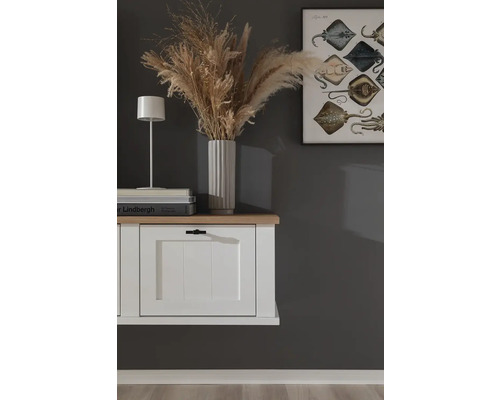 Salon décoratif avec commode, lampe de table, vase et tableau