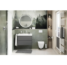 Salle de bains moderne avec lavabo, miroir, toilettes et radiateur.