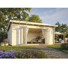 Abri de jardin en bois avec portes doubles ouvertes et intérieur lumineux