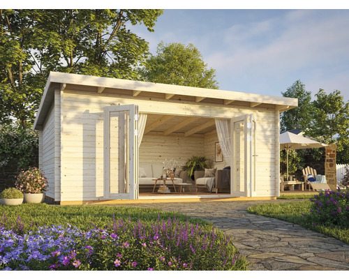 Abri de jardin en bois avec portes doubles ouvertes et intérieur lumineux