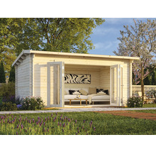 Maison de jardin en bois avec fenêtre pliante ouverte et décoration intérieure dans le jardin