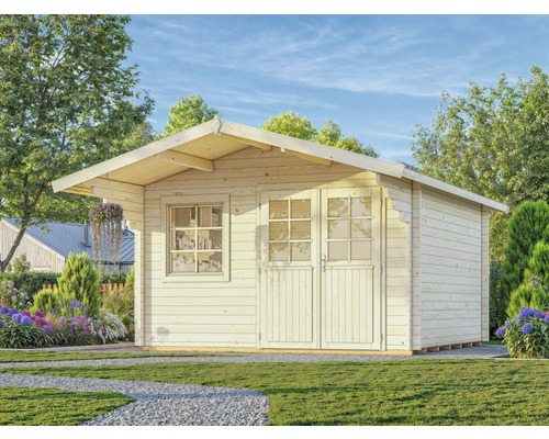 Abri de jardin en bois avec fenêtre et double porte dans le jardin