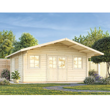 Abri de jardin en bois avec double porte et fenêtres dans le jardin