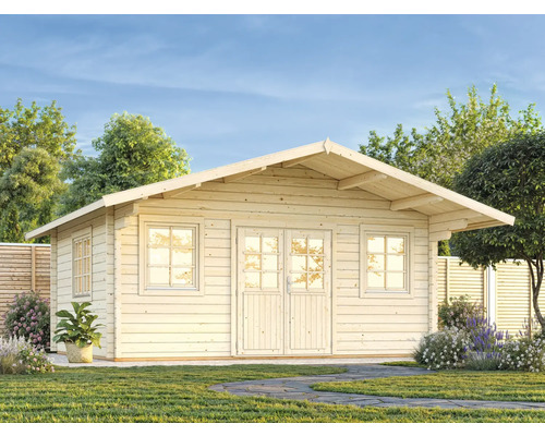 Abri de jardin en bois avec double porte et fenêtres dans le jardin