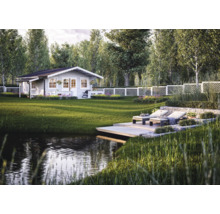 Jardin avec abri de jardin, chaises longues et étang