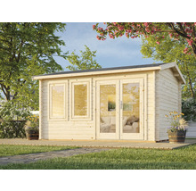 Abri de jardin avec fenêtres et porte double sur une terrasse