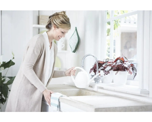 Femme arrose des plantes dans la cuisine avec un arrosoir