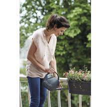Une femme arrose des fleurs dans une jardinière avec un arrosoir sur un balcon.