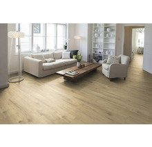 Salon lumineux avec parquet, canapé, fauteuil et bibliothèque.