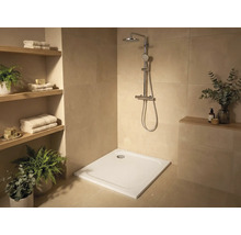 Douche à l'italienne avec pomme de douche et receveur dans une salle de bains avec étagères et plantes.