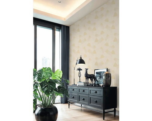 Salon avec commode, plante d'intérieur et décoration