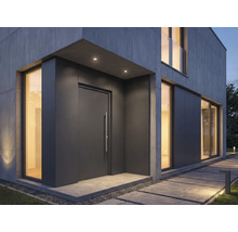 Modernes Haus mit grauer Haustür und großen Fenstern