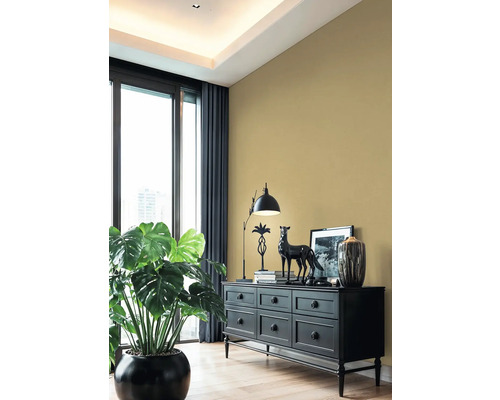 Salon avec commode noire, lampe, décoration et plante d'intérieur
