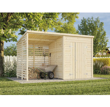 Abri de jardin en bois avec auvent latéral pour outils de jardin et bois de chauffage