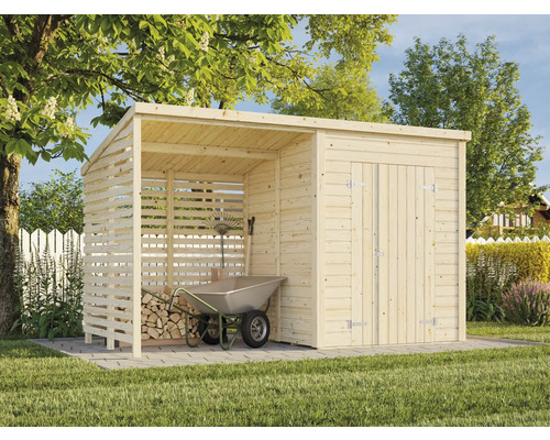 Abri de jardin en bois avec auvent latéral pour outils de jardin et bois de chauffage
